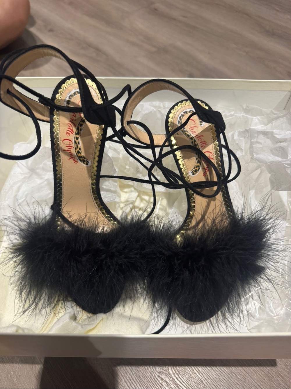 Charlotte Olympia Black Feather Tie-Up High Heels